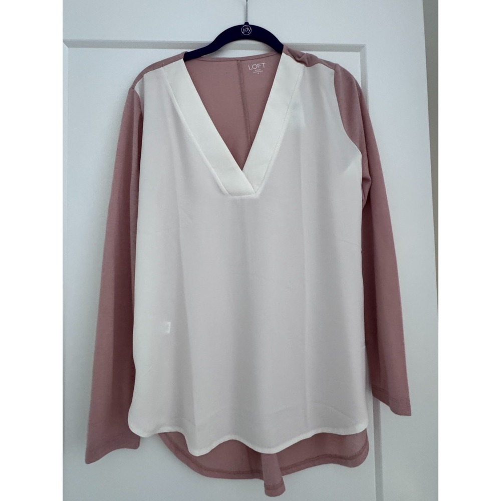 Ann Taylor LOFT Women V-Neck Blouse Size M Pink White Colorblock Long Sleeve